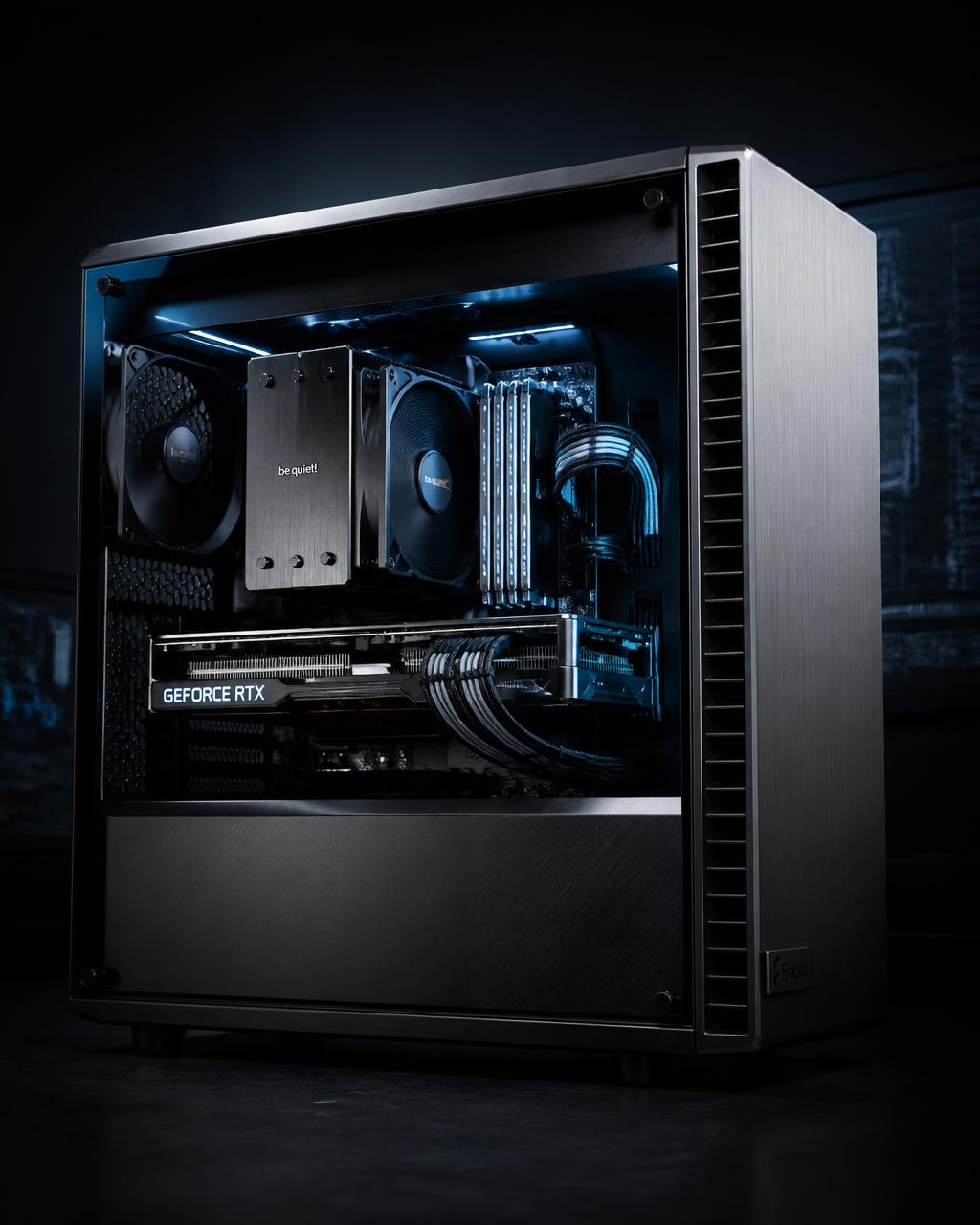 Premium graphite workstation PC with visible GPU, CPU cooling, RAM and cable management under technical analysis